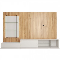 Manhattan Comfort 2-400651400751 Beaumont 106.29 Right Modular Entertainment Center with LED Lights and Floating Shelves in Off White and Cinnamon Light Brown